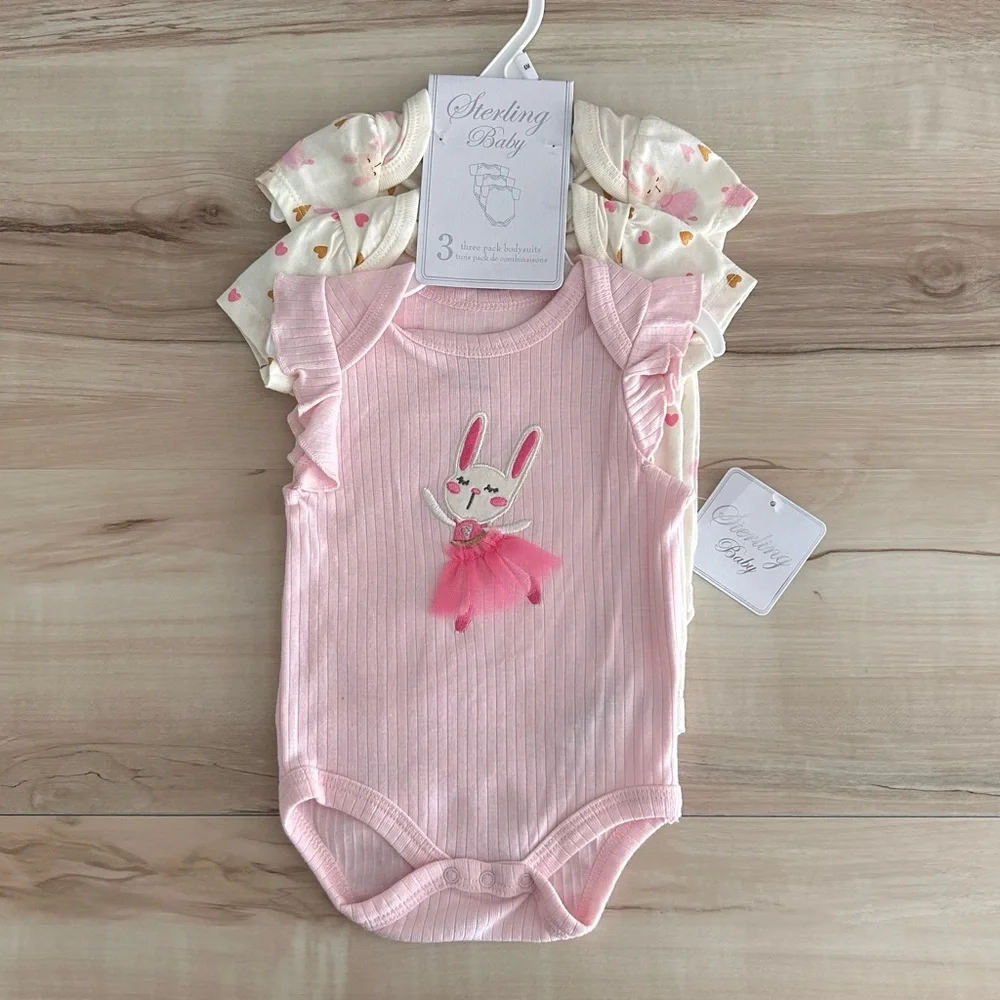 Baby Girl Bodysuit Onesies 3 Pack Ballerina Bunny Easter Hearts Size 6M